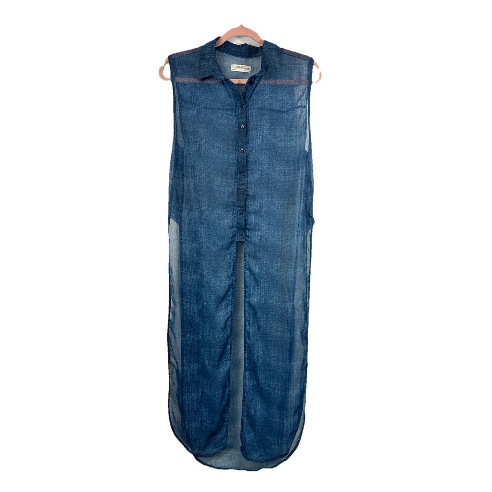 Zara Premium Denim Sheer Blue Maxi Shirt Tunic High Slit S Coastal Boho Festival